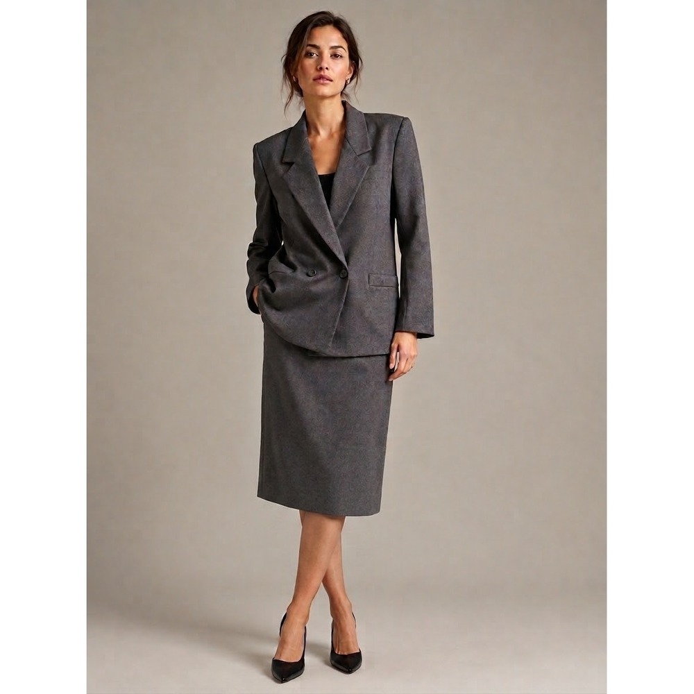 Christian Dior The Suit Vintage Gray 100% Wool Skirt Suit Set Size 6 Made in USA